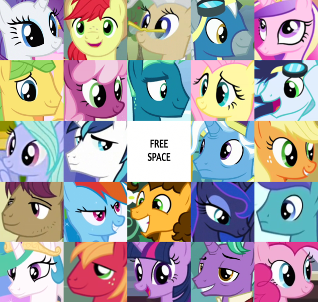 Size: 1045x990 | Tagged: safe, derpibooru import, edit, edited screencap, screencap, applejack, big macintosh, bright mac, cheerilee, cheese sandwich, firelight, flitter, fluttershy, jack pot, mayor mare, mosely orange, open skies, pinkie pie, princess cadance, princess celestia, princess luna, rainbow dash, rarity, shining armor, silver lining, silver zoom, sky stinger, snap shutter, soarin', twilight sparkle, uncle orange, alicorn, earth pony, pegasus, pony, unicorn, bingo, female, image, male, mane six, mare, png, stallion