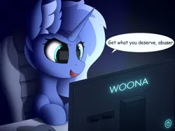 Size: 1920x1440 | Tagged: safe, artist:alexbefest, derpibooru import, princess luna, alicorn, pony, unicorn, gamer luna, luna game, blue, cute, female, filly, image, jpeg, solo, woona, younger