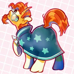 Size: 1500x1500 | Tagged: safe, artist:boorakun, derpibooru import, sunburst, pony, unicorn, cloak, clothes, facial hair, glasses, goatee, image, jpeg, looking back, male, raised hoof, solo, stallion, sunburst's cloak, sunburst's glasses