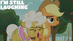 Size: 1280x720 | Tagged: safe, derpibooru import, edit, edited screencap, editor:quoterific, screencap, applejack, goldie delicious, earth pony, pony, going to seed, season 9, spoiler:s09, apple, applejack's hat, cowboy hat, duo, eyes closed, female, food, hat, image, jpeg, mare, open mouth, open smile, smiling, text, tree