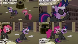Size: 1280x720 | Tagged: safe, derpibooru import, edit, edited screencap, editor:quoterific, screencap, pinkie pie, twilight sparkle, earth pony, pony, unicorn, it's about time, season 2, bookshelf, disguise, duo, eyepatch, eyepatch (disguise), eyes closed, female, hourglass, image, library, mare, ninja, open mouth, open smile, png, smiling, text, unicorn twilight