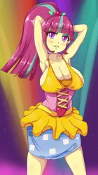 Size: 1400x2500 | Tagged: suggestive, artist:n00bultima, derpibooru import, sour sweet, dance magic, equestria girls, spoiler:eqg specials, arm behind head, big breasts, breasts, busty sour sweet, cleavage, female, grin, image, png, smiling, solo, solo female