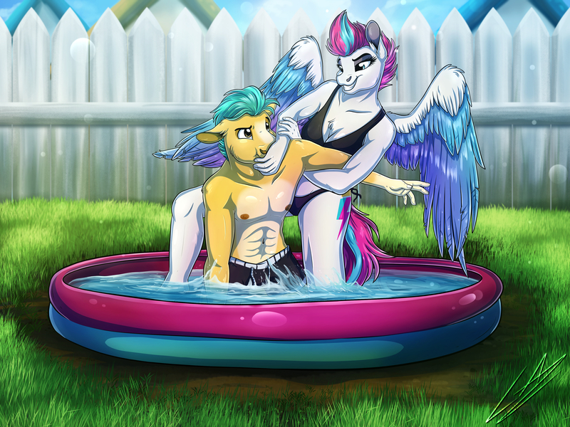 Size: 4000x3000 | Tagged: safe, artist:lupiarts, derpibooru import, hitch trailblazer, zipp storm, anthro, pegasus, my little pony: a new generation, bikini, bikini bottom, bikini top, clothes, digital art, drawing, duo, g5, garden, image, jpeg, splash, splashing, sports, swimming pool, swimsuit, water, wrestling