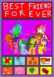 Size: 724x1024 | Tagged: safe, artist:indonesia pony, derpibooru import, oc, oc:cookie berry, oc:freedom luck, oc:galaxy moon, oc:sparkle dust, oc:star glitter, oc:sugar luck, oc:sweet me, oc:tulip, breezie, dracony, dragon, earth pony, hybrid, original species, pegasus, pony, unicorn, best friends, cookie, cutie mark, female, flower, flower in hair, flying, food, heart, image, indonesia, indonesian, jpeg, leaves, looking at someone, looking at you, mare, one eye closed, open mouth, ponytail, raised hoof, sitting, smiling, smiling at you, sparkling, sparkly mane, tulip, wink, winking at you
