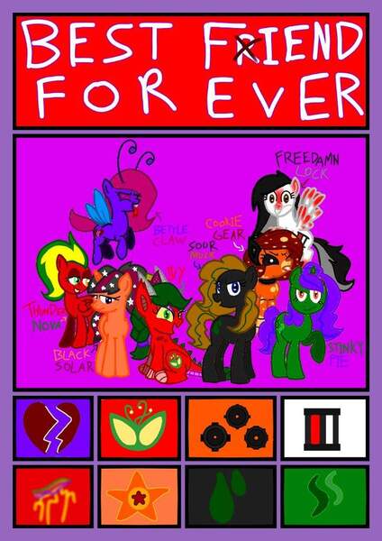 Size: 724x1024 | Tagged: safe, artist:indonesia pony, derpibooru import, oc, oc:cookie berry, oc:freedom luck, oc:sparkle dust, oc:star glitter, oc:sugar luck, oc:sweet me, oc:tulip, breezie, dracony, dragon, earth pony, hybrid, original species, pegasus, pony, unicorn, animatronic, best fiend, cutie mark, dark, evil, female, flower, freedamn lock, image, indonesia, indonesian, jpeg, looking at you, mare, raised hoof, sad, sitting