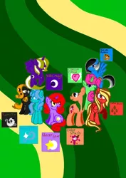 Size: 724x1024 | Tagged: safe, artist:indonesia pony, derpibooru import, oc, oc:aqua flight, oc:cloud cotton, oc:coffe blast, oc:color splash, oc:glitter star, oc:night melody, oc:palette rainbow, oc:ramisya, alicorn, changeling, earth pony, pegasus, pony, unicorn, cutie mark, depressed, eye clipping through hair, female, flying, image, indonesia, jpeg, looking at something, looking at you, mare, open mouth, raised hoof, shy, sitting, smiling