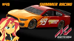 Size: 1022x572 | Tagged: safe, derpibooru import, sunset shimmer, equestria girls, assetto corsa, car, female, game, image, jpeg, logo, nascar, race car, showroom, solo, team