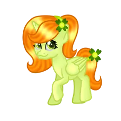 Size: 894x894 | Tagged: safe, artist:violight0803, derpibooru import, oc, oc:lucky key, alicorn, pony, clover, female, flower, image, looking at you, mare, png, ponytail, raised hoof, shading, simple background, smiling, smiling at you, solo, transparent background