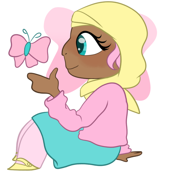 Size: 1280x1280 | Tagged: safe, artist:maximumpiracy, derpibooru import, fluttershy, butterfly, human, insect, clothes, dark skin, hijab, humanized, image, islam, islamashy, png, religion, simple background, sitting, smiling, transparent background