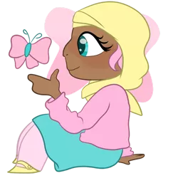 Size: 1280x1280 | Tagged: safe, artist:maximumpiracy, derpibooru import, fluttershy, butterfly, human, insect, clothes, dark skin, hijab, humanized, image, islam, islamashy, png, religion, simple background, sitting, smiling, transparent background