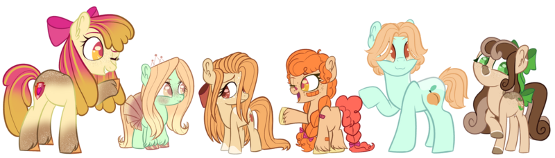 Size: 1280x364 | Tagged: safe, artist:maximumpiracy, derpibooru import, apple bloom, oc, oc:aurora golden gala, oc:cinnamon apple bun, oc:golden delicious, oc:peach fuzz, oc:smerelda apple, unofficial characters only, earth pony, pony, adopted offspring, base used, bow, earth pony oc, female, filly, foal, hair bow, image, mare, offspring, older, older apple bloom, parent:apple bloom, parent:button mash, parent:carrot crunch, parent:sweetie belle, parents:crunchbloom, parents:sweetiemash, png, simple background, transparent background