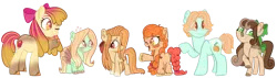 Size: 1280x364 | Tagged: safe, artist:maximumpiracy, derpibooru import, apple bloom, oc, oc:aurora golden gala, oc:cinnamon apple bun, oc:golden delicious, oc:peach fuzz, oc:smerelda apple, unofficial characters only, earth pony, pony, adopted offspring, base used, bow, earth pony oc, female, filly, foal, hair bow, image, mare, offspring, older, older apple bloom, parent:apple bloom, parent:button mash, parent:carrot crunch, parent:sweetie belle, parents:crunchbloom, parents:sweetiemash, png, simple background, transparent background