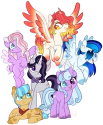 Size: 1280x1551 | Tagged: safe, artist:maximumpiracy, derpibooru import, oc, unofficial characters only, alicorn, earth pony, pegasus, pony, unicorn, alicorn oc, base used, earth pony oc, eyepatch, female, heterochromia, horn, image, magical lesbian spawn, male, mare, neckerchief, offspring, parent:fluttershy, parent:inky rose, parent:king sombra, parent:pinkie pie, parent:princess cadance, parent:princess celestia, parent:rarity, parent:shining armor, parent:starlight glimmer, parent:trixie, parents:celestibra, parents:shiningcadance, parents:trixiepie, png, simple background, stallion, story included, transparent background, unicorn oc, wings
