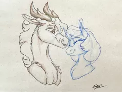 Size: 3858x2915 | Tagged: safe, artist:ask-y, derpibooru import, oc, unofficial characters only, draconequus, pony, unicorn, bust, chest fluff, draconequus oc, duo, eyelashes, eyes closed, female, horn, image, jpeg, mare, signature, smiling, traditional art, unicorn oc