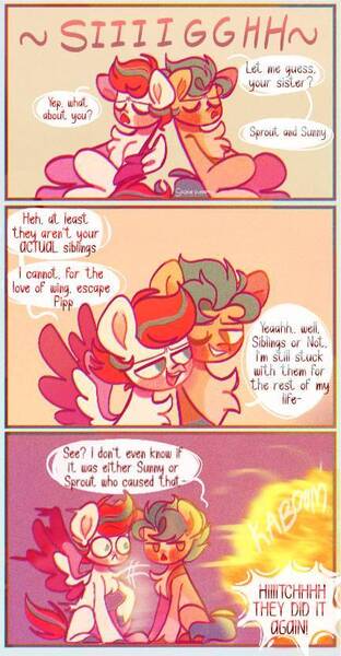 Size: 432x830 | Tagged: safe, artist:sockiepuppetry, derpibooru import, hitch trailblazer, zipp storm, earth pony, pegasus, pony, blushing, chest fluff, comic, concerned, dialogue, duo, duo female, explosion, eyes closed, female, frown, g5, image, implied pipp petals, implied sprout cloverleaf, implied sunny starscout, jpeg, looking at each other, looking at someone, male, mare, markings, one eye closed, onomatopoeia, open mouth, raised hoof, speech bubble, spread wings, stallion, unshorn fetlocks, wings, wink