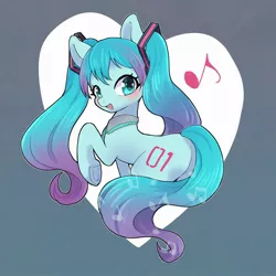 Size: 2000x2000 | Tagged: safe, artist:ayahana, derpibooru import, ponified, earth pony, pony, anime, blushing, butt, female, gradient background, gradient mane, gradient tail, hatsune miku, heart, high res, hooves, image, jpeg, looking at you, looking back, mare, music notes, open mouth, open smile, plot, raised hoof, smiling, solo, tail, underhoof, vocaloid