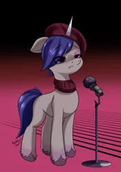 Size: 1448x2048 | Tagged: safe, artist:hauntedtuba, derpibooru import, onyx, pony, unicorn, beatnik, beret, clothes, eye clipping through hair, female, g5, hat, image, jpeg, mare, microphone, microphone stand, scarf, solo