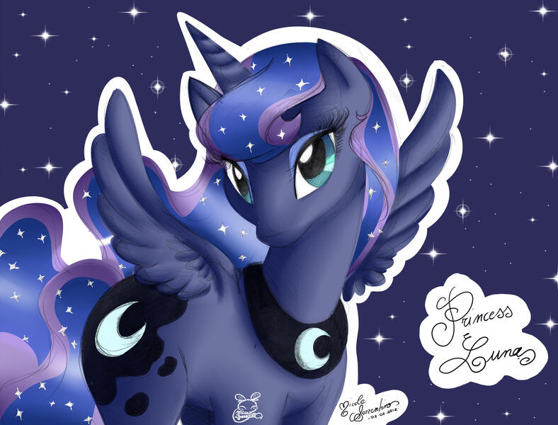 Size: 2807x2136 | Tagged: safe, artist:nemoturunen, derpibooru import, princess luna, alicorn, pony, ethereal mane, female, image, jpeg, mare, peytral, solo, starry mane, stars