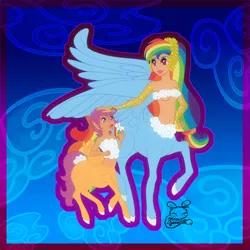 Size: 2449x2449 | Tagged: safe, artist:nemoturunen, derpibooru import, rainbow dash, scootaloo, centaur, abstract background, centaurified, cloud bikini, duo, female, image, jpeg, laurel wreath, species swap