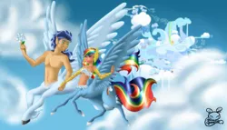 Size: 3239x1851 | Tagged: safe, artist:nemoturunen, derpibooru import, rainbow dash, soarin', centaur, taur, cloud bikini, female, flying, image, jpeg, male, outdoors, shipping, signature, soarindash, straight