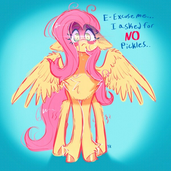 Size: 2800x2800 | Tagged: safe, artist:yumkandie, derpibooru import, fluttershy, pegasus, pony, assertive fluttershy, blushing, chest fluff, image, jpeg, looking at you, simple background, solo, spread wings, teary eyes, text, trembling, wings