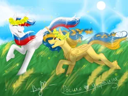 Size: 1280x960 | Tagged: safe, artist:vera2002, derpibooru import, oc, oc:marussia, oc:ukraine, ponified, pony, duo, grass, image, jpeg, nation ponies, russia, ukraine