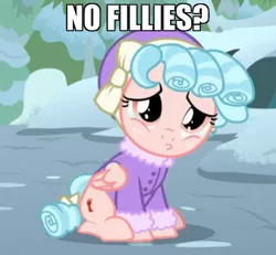 Size: 540x500 | Tagged: safe, derpibooru import, edit, edited screencap, screencap, cozy glow, pegasus, pony, frenemies (episode), caption, clothes, cozy glow is best facemaker, cozybetes, cropped, cute, female, filly, foal, hat, image, image macro, megamind, meme, no bitches?, png, ponified meme, pouting, sad, sitting, snow, solo, text, text edit, winter outfit