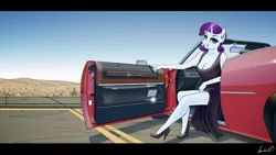 Size: 1280x720 | Tagged: safe, artist:apocheck13, derpibooru import, rarity, anthro, car, clothes, convertible, desert, dress, female, image, jpeg, looking at you, smiling, solo, solo female