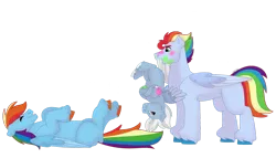 Size: 1280x732 | Tagged: safe, artist:itstechtock, derpibooru import, rainbow dash, oc, oc:cloudburst, oc:spectrum rush, pegasus, pony, female, filly, foal, image, male, mouth hold, offspring, parent:rainbow dash, parent:soarin', parents:soarindash, png, simple background, stallion, transparent background