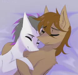 Size: 2048x1975 | Tagged: safe, artist:taleriko, derpibooru import, oc, oc:haze rad, oc:talu gana, unofficial characters only, pegasus, pony, unicorn, bed, blushing, chest fluff, commission, cuddling, cute, eyebrows, eyebrows visible through hair, eyes closed, gay, highlights, horn, image, jpeg, lying down, male, on back, pegasus oc, smiling, stallion, unicorn oc, wings