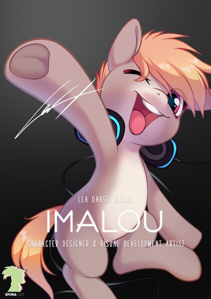 Size: 2084x2953 | Tagged: artist needed, safe, derpibooru import, oc, oc:cookie malou, unofficial characters only, earth pony, pony, eponafest, female, headphones, image, imalou, jpeg, looking at you, mare, one eye closed, open mouth, open smile, sitting, smiling, smiling at you, solo, waving