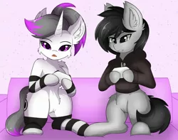 Size: 2400x1887 | Tagged: safe, artist:llhopell, derpibooru import, oc, oc:hazel radiate, oc:mod pone the mod, unofficial characters only, earth pony, pony, unicorn, bottomless, cheek fluff, chest fluff, clothes, commission, controller, couch, duo, ear fluff, earth pony oc, eyebrows, eyebrows visible through hair, female, gaming, highlights, hoodie, hoofless socks, horn, image, jpeg, male, mare, open mouth, partial nudity, ponytail, purple eyes, shoulder fluff, simple background, socks, stallion, striped socks, unicorn oc
