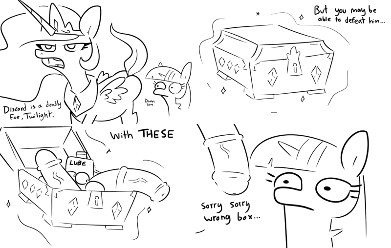 Size: 9440x6000 | Tagged: questionable, artist:tjpones, derpibooru import, princess celestia, twilight sparkle, alicorn, pony, unicorn, the return of harmony, absurd resolution, anal beads, black and white, butt, chest, comic, dildo, drawing (shitty) porn of every episode, duo, duo female, eyes on the prize, female, grayscale, horsecock dildo, image, implied discord, mare, monochrome, plot, png, sex toy, simple background, sunbutt, unicorn twilight, white background