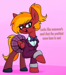 Size: 1066x1204 | Tagged: safe, artist:moonatik, derpibooru import, oc, oc:moonatik, unofficial characters only, pegasus, pony, abstract background, bowtie, clothes, crystal prep academy uniform, cuffs (clothes), dialogue, eyebrows, eyebrows visible through hair, eyeshadow, femboy, folded wings, full body, glasses, hoof shoes, image, makeup, male, open mouth, open smile, pegasus oc, pink background, png, ponytail, raised hoof, school uniform, shoes, simple background, skirt, smiling, solo, stallion, standing, tights, wings