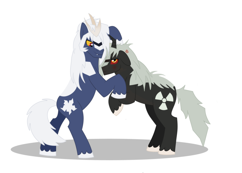 Size: 1920x1372 | Tagged: safe, artist:ectttan, artist:faith-wolff, derpibooru import, ponified, kaiju, kaiju pony, pony, unicorn, fanfic:the bridge, annoyed, brotherly love, brothers, crooked horn, fanfic art, godzilla (series), godzilla junior, horn, hug, image, male, multiple horns, png, sibling love, siblings, simple background, smiley face, spacegodzilla, stallion, transparent background, tricorn, xenilla