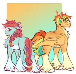 Size: 1750x1700 | Tagged: safe, artist:cactiflowers, derpibooru import, oc, oc:honeydew, oc:suncrisp, unofficial characters only, earth pony, pegasus, pony, bow, braid, braided tail, chest fluff, female, image, magical lesbian spawn, male, mare, offspring, parent:applejack, parent:rainbow dash, parents:appledash, png, stallion, tail, tail bow, unshorn fetlocks