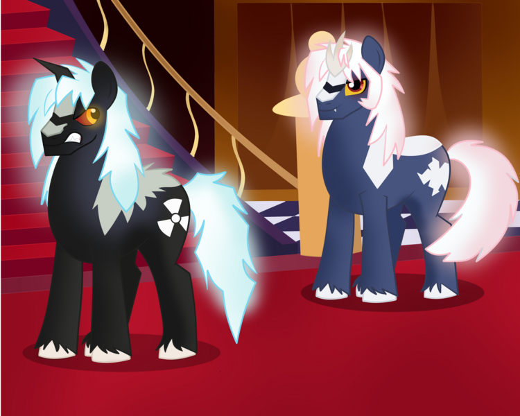 Size: 1280x1024 | Tagged: safe, artist:ectttan, artist:faith-wolff, derpibooru import, ponified, kaiju, kaiju pony, pony, fanfic:the bridge, angry face, brothers, canterlot castle, crooked horn, duo, fanfic art, godzilla (series), godzilla junior, growling, horn, image, male, multiple horns, png, siblings, smiling, stallion, tricorn, xenilla