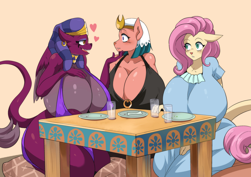 Size: 2456x1736 | Tagged: questionable, artist:traupa, derpibooru import, fluttershy, somnambula, sphinx (character), abyssinian, anthro, sphinx, series:creature-verse, abyssinianized, areola, areola slip, big breasts, breasts, busty fluttershy, busty somnambula, busty sphinx (character), clothes, female, flirting, glass, grandmother and grandchild, heart, huge breasts, image, jpeg, nipple slip, nipples, nudity, plate, species swap, sphinxified, table, wardrobe malfunction