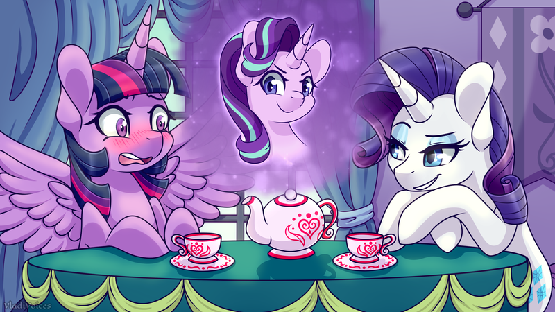 Size: 3840x2160 | Tagged: safe, artist:vladivoices, derpibooru import, rarity, starlight glimmer, twilight sparkle, twilight sparkle (alicorn), alicorn, unicorn, fanfic:twilight sparkle has a type, animatic, blushing, cup, female, image, lesbian, lidded eyes, png, spread wings, table, tea kettle, teacup, wings