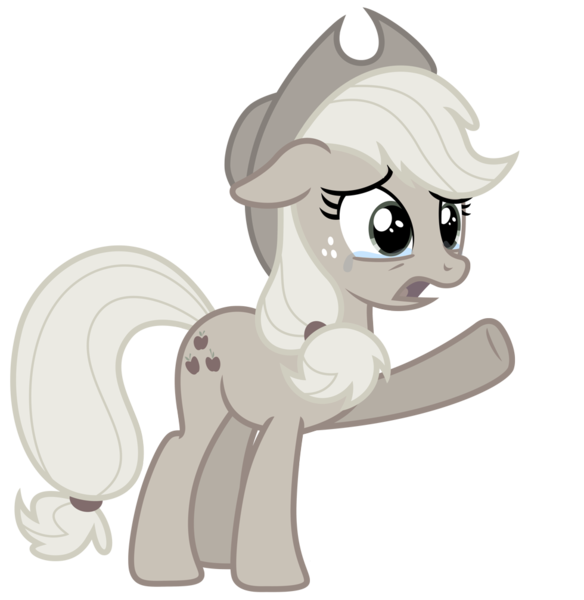 Size: 980x1007 | Tagged: artist needed, safe, derpibooru import, applejack, earth pony, pony, applejack tragedy, applejack's hat, cowboy hat, crying, discorded, female, floppy ears, freckles, full body, hat, hooves, image, mare, open mouth, png, raised hoof, sad, simple background, solo, standing, tail, transparent background