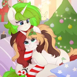 Size: 3000x3000 | Tagged: safe, artist:yomechka, derpibooru import, oc, oc:scarlet serenade, oc:vinyl mix, unofficial characters only, pony, unicorn, blushing, christmas, christmas tree, duo, duo female, ear fluff, eye clipping through hair, female, high res, holiday, holly, horn, image, mare, oc x oc, png, shipping, tree, unicorn oc