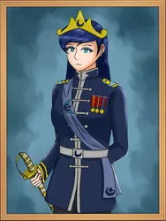 Size: 768x1024 | Tagged: safe, artist:lencai123, derpibooru import, princess luna, human, clothes, crown, female, humanized, image, jewelry, jpeg, medal, military uniform, regalia, solo, sword, uniform, weapon