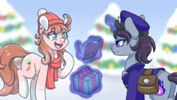 Size: 1920x1080 | Tagged: safe, artist:vladivoices, derpibooru import, oc, unofficial characters only, pony, unicorn, christmas, christmas tree, clipboard, clothes, duo, glow, glowing horn, hat, heterochromia, holiday, horn, image, magic, mailpony, png, present, scarf, smiling, snow, telekinesis, tree, unicorn oc, winter hat