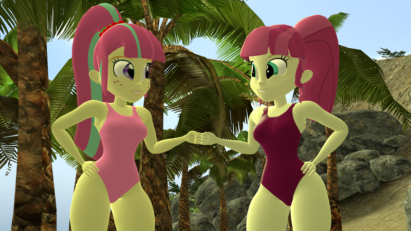 Size: 1920x1080 | Tagged: safe, artist:mr.uberrebu25, derpibooru import, majorette, sour sweet, sweeten sour, equestria girls, 3d, beach, beach babe, breasts, busty sour sweet, busty sweeten sour, clothes, duo, duo female, female, fist bump, hand on hip, image, one-piece swimsuit, pink swimsuit, png, siblings, sisters, sweetly and sourly, swimsuit