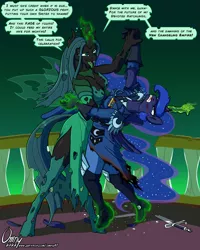Size: 2000x2504 | Tagged: suggestive, artist:omny87, derpibooru import, princess luna, queen chrysalis, anthro, bad end, blood, boots, changeling slime, clothes, coat, cutie mark, cutie mark on clothes, female, females only, gloves, image, levitation, magic, magic suppression, military uniform, peril, png, shoes, slime, sword, telekinesis, torn clothes, uniform, weapon