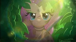 Size: 2073x1169 | Tagged: safe, artist:dawnflame, derpibooru import, fluttershy, pegasus, pony, alternate timeline, blood, bodypaint, chrysalis resistance timeline, ear piercing, earring, forest, image, jewelry, looking at you, piercing, png, spear, sunlight, tree, tribalshy, weapon