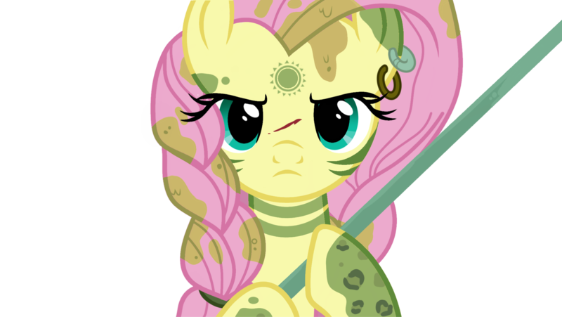 Size: 2073x1169 | Tagged: safe, artist:dawnflame, derpibooru import, fluttershy, alternate timeline, blood, bodypaint, chrysalis resistance timeline, ear piercing, earring, frown, image, jewelry, looking at you, messy mane, mud, piercing, png, simple background, transparent background, tribalshy
