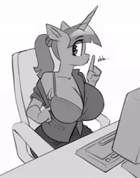 Size: 700x894 | Tagged: suggestive, artist:synkosium, derpibooru import, twilight sparkle, anthro, unicorn, big breasts, bra, breasts, chair, cleavage, clothes, computer, female, grayscale, huge breasts, image, jpeg, keyboard, monochrome, office, open clothes, open shirt, ponytail, shhh, simple background, sitting, skirt, solo, solo female, underwear, undressing, white background