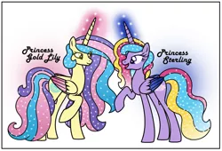 Size: 1024x696 | Tagged: safe, artist:rainboomspectrumart, derpibooru import, princess gold lily, princess sterling, alicorn, pony, duo, duo female, ethereal mane, female, image, jpeg, mare, raised hoof, starry mane