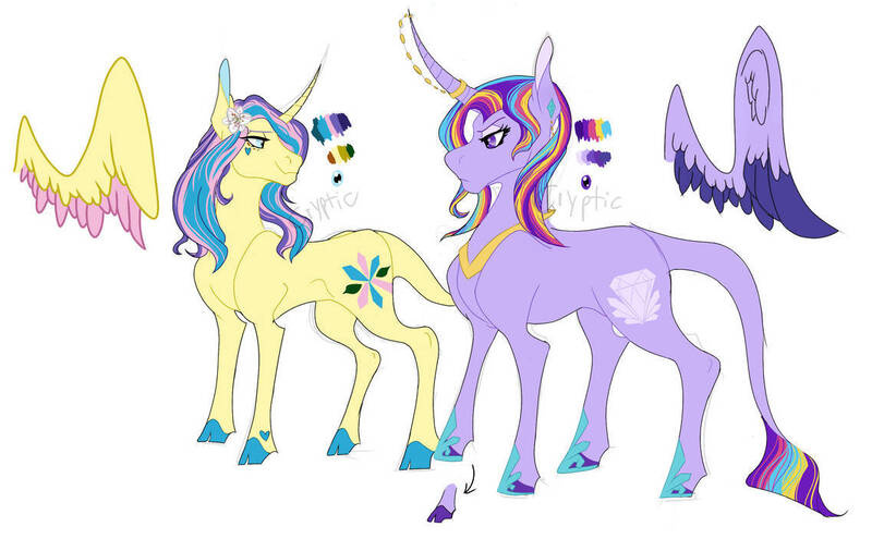 Size: 1137x703 | Tagged: safe, artist:chronicallycryptic, derpibooru import, princess gold lily, princess sterling, alicorn, curved horn, duo, horn, image, jpeg, leonine tail, redesign, tail